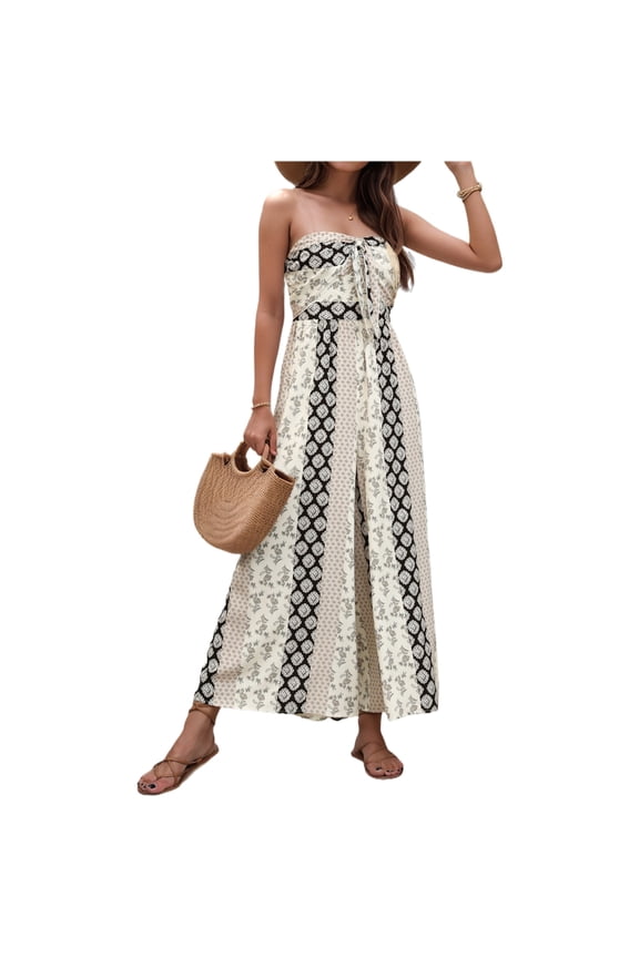 EASYBRA Women Strapless Geometric Print Wide Leg Jumpsuit High Waist Vacation Summer Casual Romper