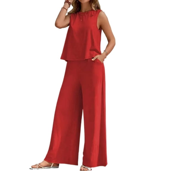 EASYBRA Women Two Piece Outfit Sleeveless Vest Wide Leg Pants Casual Set Solid Color XS–XXL
