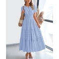 thumbnail image 1 of EASYBRA Women V Neck Puff Sleeve Pleated Maxi Dress Elegant A Line Layered Hem Summer Dress, 1 of 6