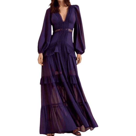 EASYBRA Womens Elegant V Neck Long Sleeve Midi Dress A Line Lace Stitching Casual Work Dress Spring Summer Outfit