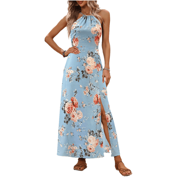 EASYBRA Womens Floral Halter Maxi Dress Sleeveless Slit A Line Summer Beach Vacation Dress