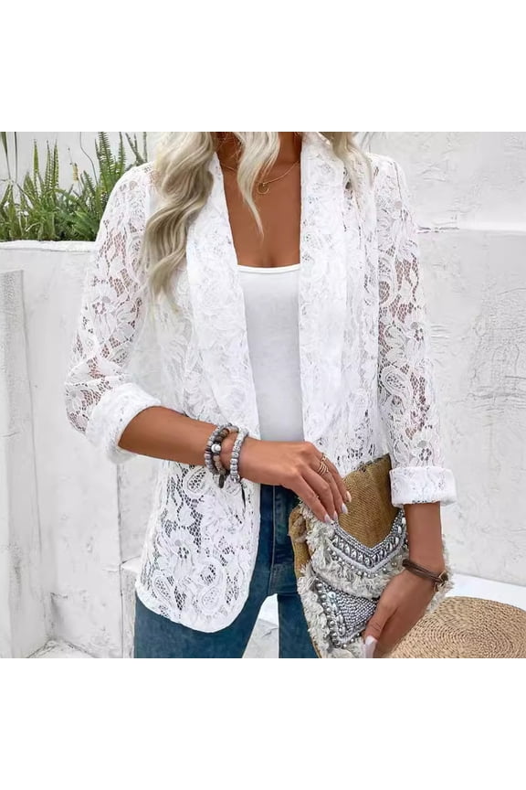 EASYBRA Womens Lace Blazer Jacket Spring Summer Cardigan Suit Coat Elegant Office Casual Top