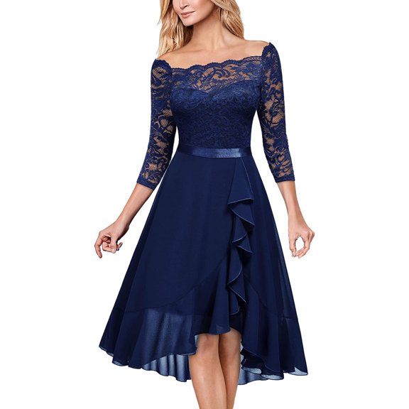 EASYBRA Womens One Shoulder Lace Midi Dress Elegant High Waist A Line Evening Party Cocktail Dress