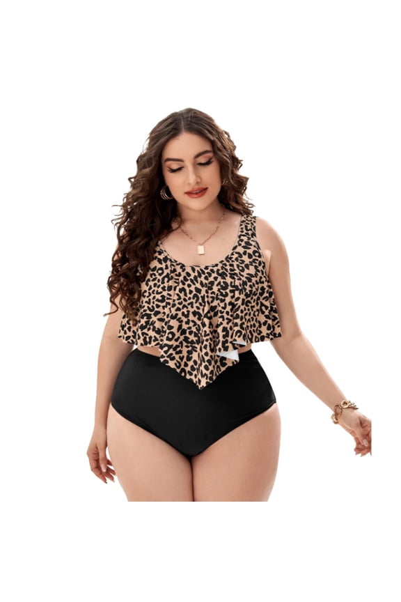 EASYBRA Womens Plus Size High Waist Bikini Leopard Print Ruffle Push Up Two Piece Swimsuit Beachwear