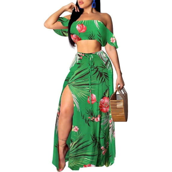 EASYBRA Womens Sexy Two Piece Vacation Set Sleeveless Top Long Split Maxi Skirt Beach Cover Up Outfit