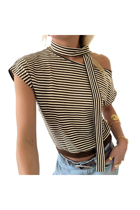 Womens Striped Asymmetrical Off Shoulder T Shirt Short Sleeve Casual Daily Wear Coffee Brown S XL