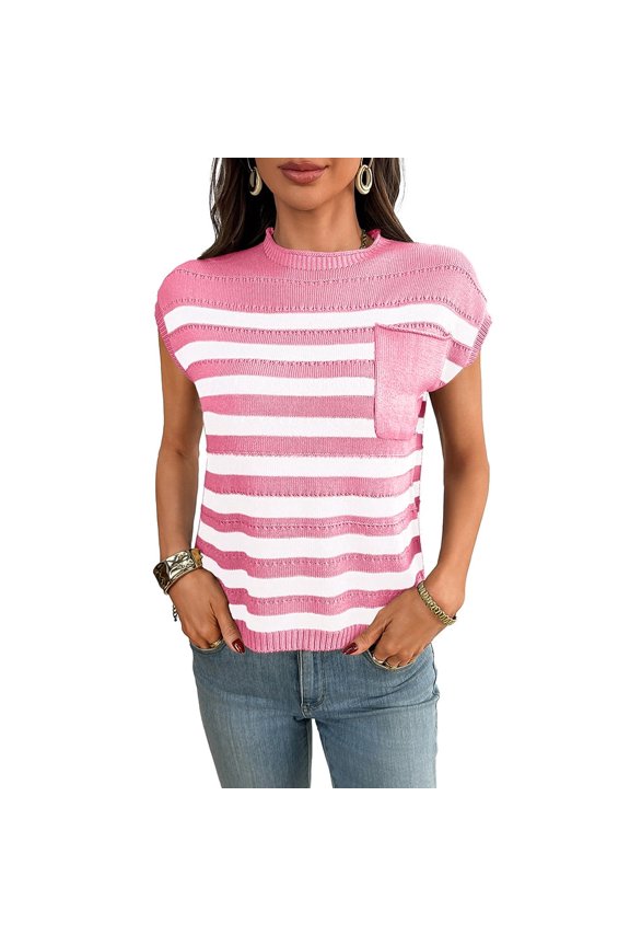 Womens Striped Knit Sweater Round Neck Raglan Sleeve Casual Pullover Regular Fit Medium Weight