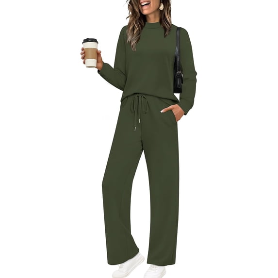 EASYBRA Womens Two Piece Mock Neck Matching Set Lightweight Loungewear Wide Leg Travel Outfit Fall Fashion 2026 S 2XL