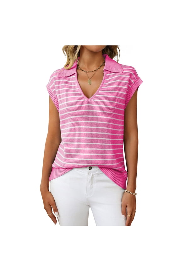 Womens V Neck Knit Sweater Striped Loose Fit Pullover Three Quarter Sleeve Casual Spring Top