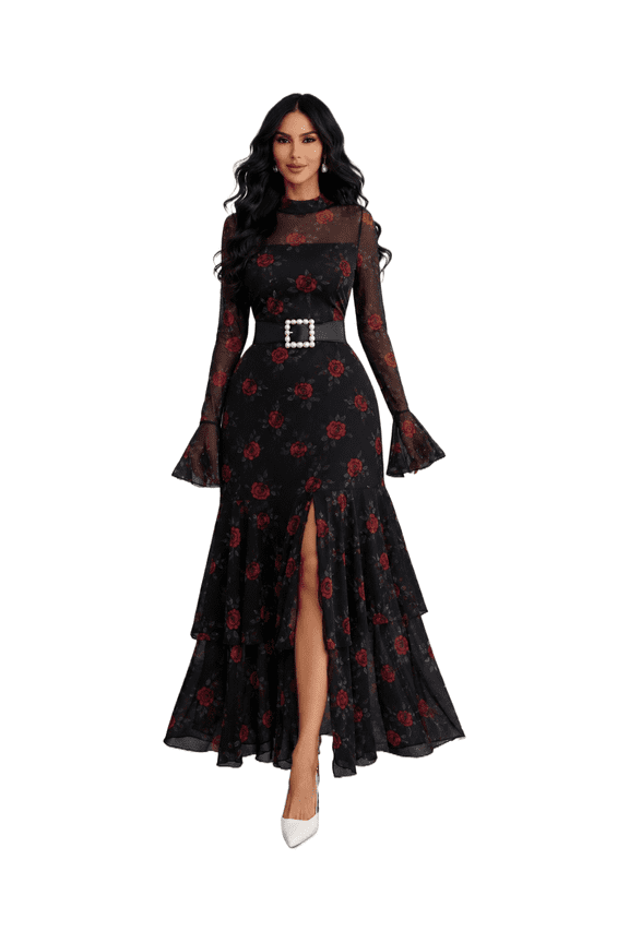 Mesh Bodycon Maxi Dress Mock Neck Slit Gown S-XL Elegant Party Dress