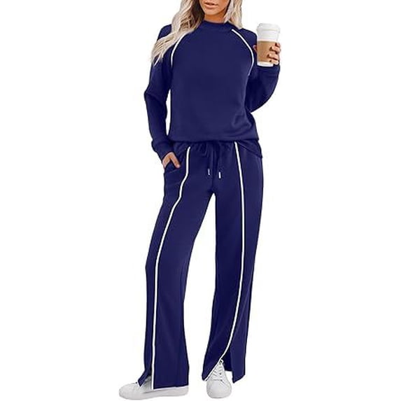 EASYBRAUS Women 2 Piece Sweatsuit Set Long Sleeve Crewneck Sweatshirt Wide Leg Split Pants XS-XXL