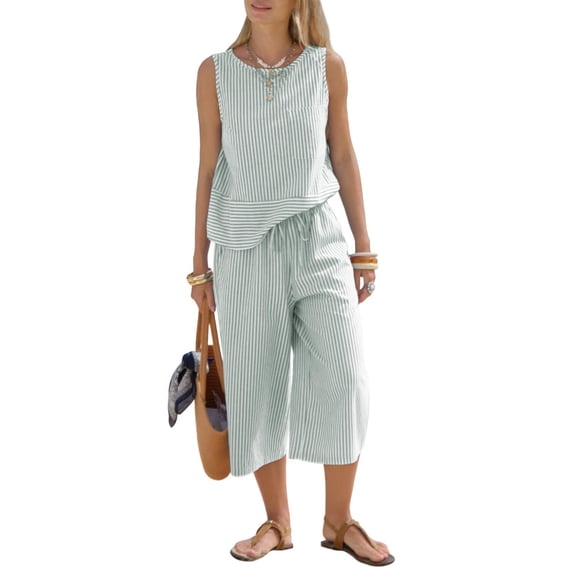 EASYBRAUS Women Cotton Two Piece Summer Outfit Striped Tank Top Cropped Pants Set