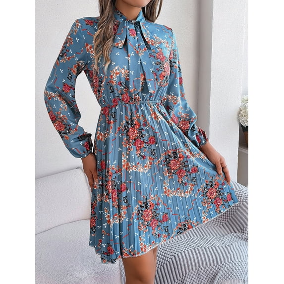 EASYBRAUS Women Floral Chiffon Pleated Midi Dress V Neck Long Sleeve Spring Summer Dress
