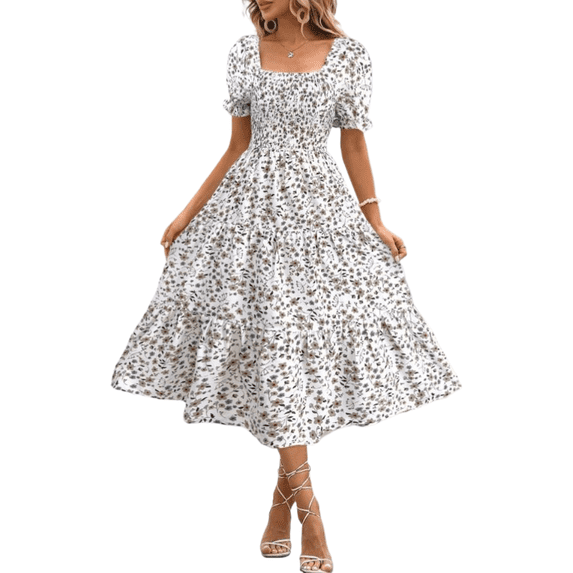 EASYBRAUS Women Floral Square Neck Puff Sleeve A Line Summer Dress Casual Midi Dress