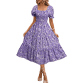 thumbnail image 1 of EASYBRAUS Women Floral Square Neck Puff Sleeve A Line Summer Dress Casual Midi Dress, 1 of 8