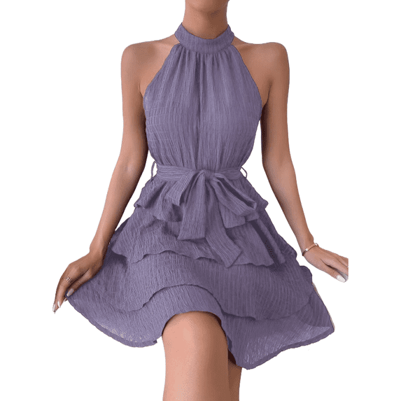 EASYBRAUS Women Halter Lace Tiered Summer Dress Sleeveless Elegant Party Dress
