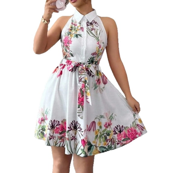 EASYBRAUS Women Halter Neck Summer Floral Dress Sleeveless Pleated Vacation Dress