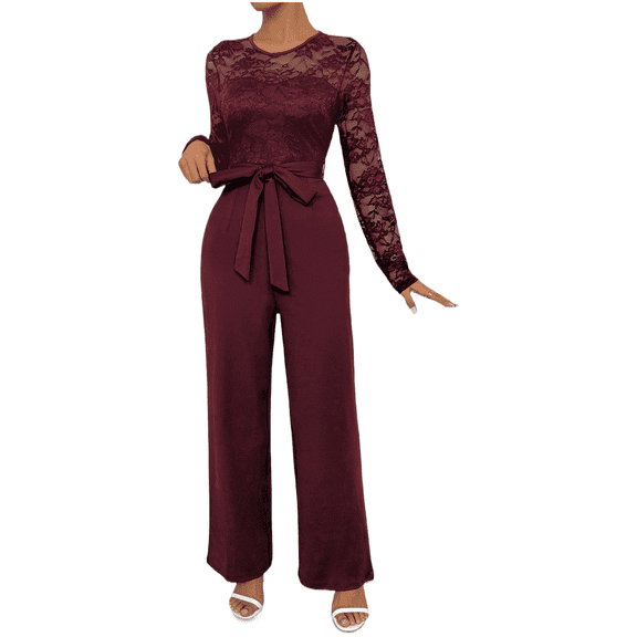 EASYBRAUS Women Lace Long Sleeve Jumpsuit High Waist Wide Leg Elegant Casual Romper