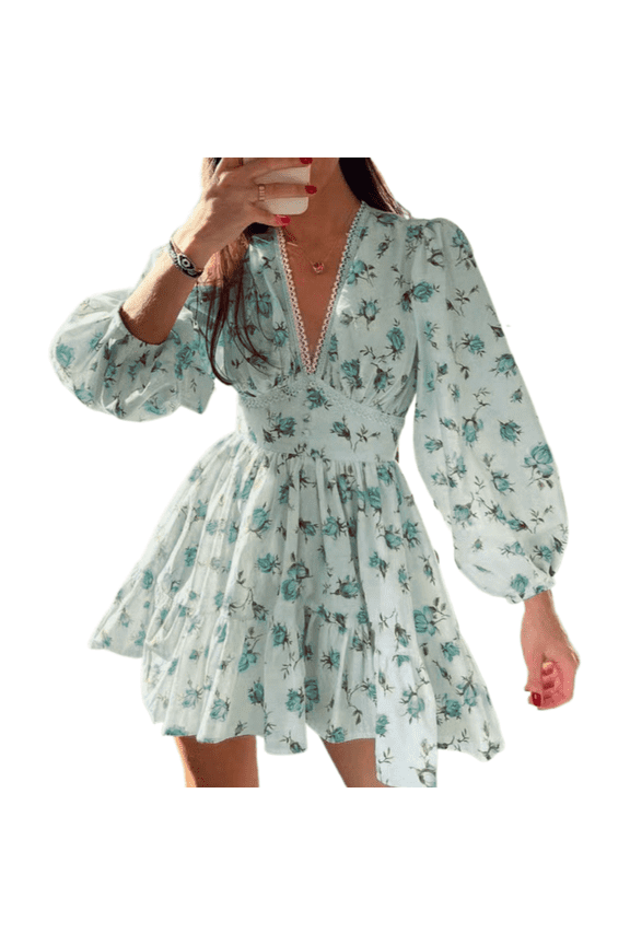 Women Lace V Neck Short Dress Lantern Sleeve Spring Casual Sweet Dress