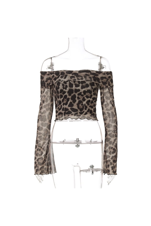 Women Leopard Print Crop Top Off Shoulder Long Sleeve Summer Street Shirt