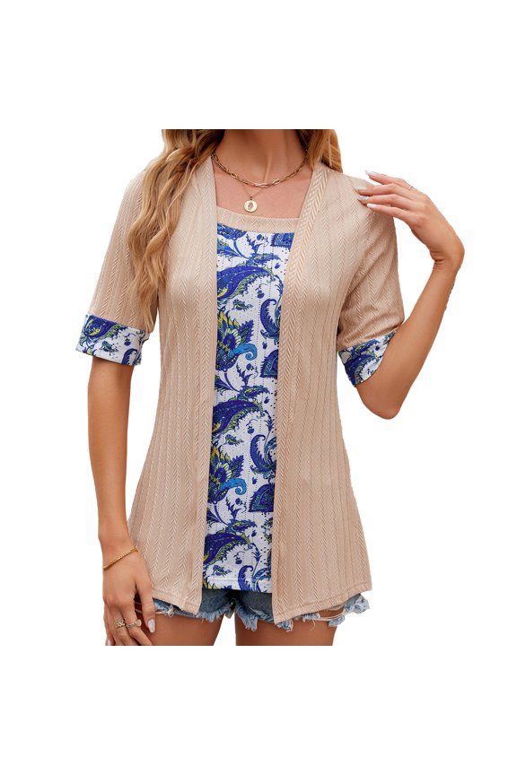 Women Square Neck Two Piece Look T Shirt Loose Fit Summer Casual Top