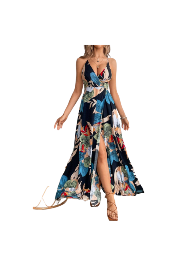 Women Tropical Print Maxi Dress Spaghetti Strap Summer Split Beach Dress