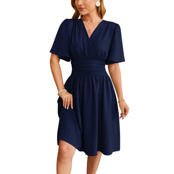 EASYBRAUS Women V Neck A Line Midi Dress Bell Sleeve Pleated Waist Spring Summer Dress