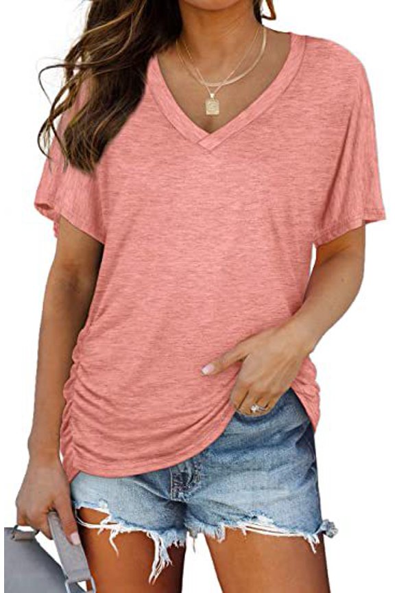 Women V Neck Pleated Side T Shirt Short Sleeve Solid Loose Fit Casual Top S-XXL