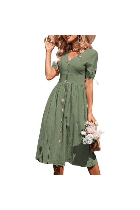 Women V Neck Short Sleeve Midi Dress Casual Summer Beach A Line Dress