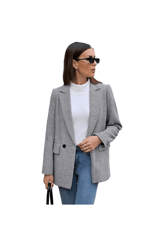 Womens Houndstooth Blazer Classic Vintage Office Jacket Long Sleeve