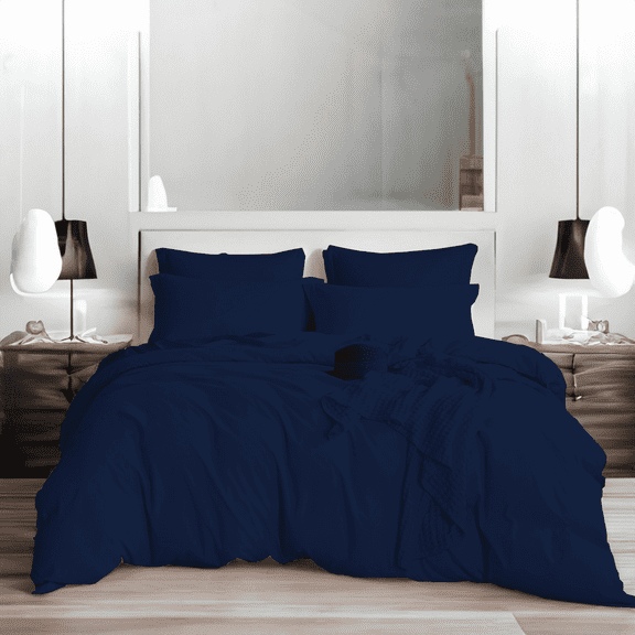 EASYCOT 800 Therad Count Queen Duvet Set 3 - Pieces Soft 100% Egyptian Cotton Solid Duvet Cover Set - Breathable Bedding Set with Zipper Closure Long Staple - Comforter Cover - Navy Blue