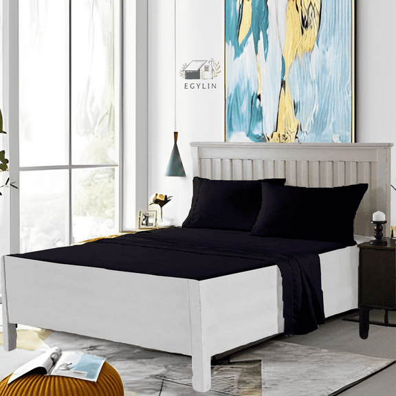 EASYCOT 800 Thread Count 100% Egyptian Cotton Waterbed Sheets Set 4Pc Set Attached with Fitted Sheet 14" Deep Pocket Attached Waterbed Sheet (Black , Single)