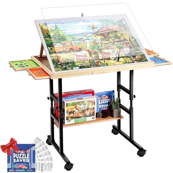 Buballino Puzzle Table with Drawers, Adjustable, Moveable with Wheels and Comes with Transparent Protective Film, Suitable for Adults