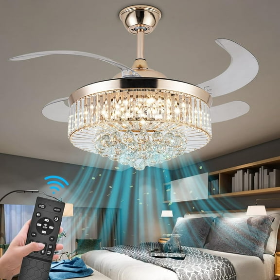 EASYG 42"Invisible Ceiling Fan Chandelier with Light,Modern Crystal Ceiling Fan Light Remote Control 4 Retractable ABS Blades