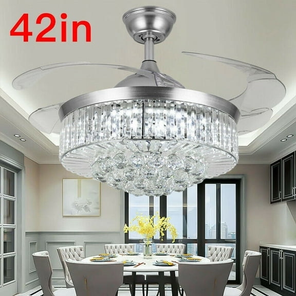 EASYG 42" Silver LED Invisable Ceiling Fan Lamp Crystal Lighting Remote Chandeliers