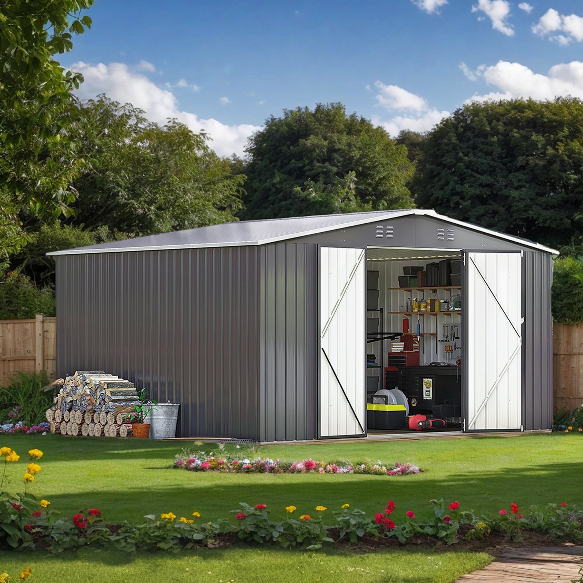 EASYHAWK 10x12FT Metal Outdoor Storage Shed, Heavy-Duty Steel Garden Shed with Lockable Doors for Backyard, Patio, Lawn