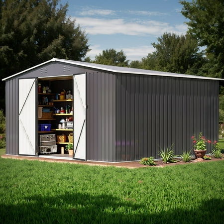 EASYHAWK 10x14FT Metal Outdoor Storage Shed, Heavy-Duty Steel Garden Shed with Lockable Doors for Backyard, Patio, Lawn
