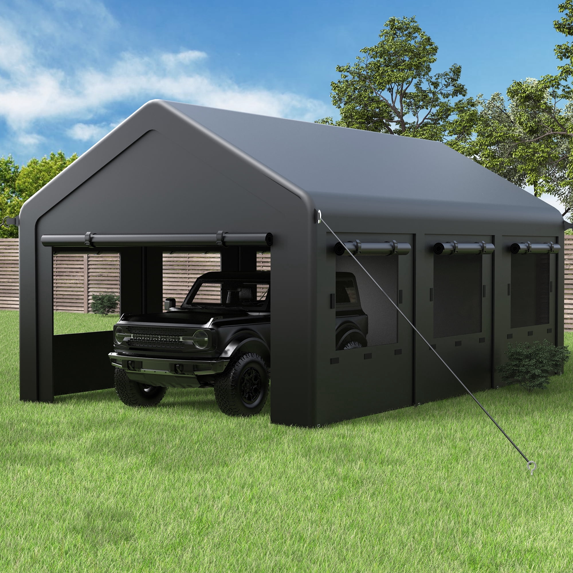 EASYHAWK 12'x20' Heavy Duty Outdoor Garage Carport with Side-Opening Door, Roll-Up Windows and Four-Hole Base, Black
