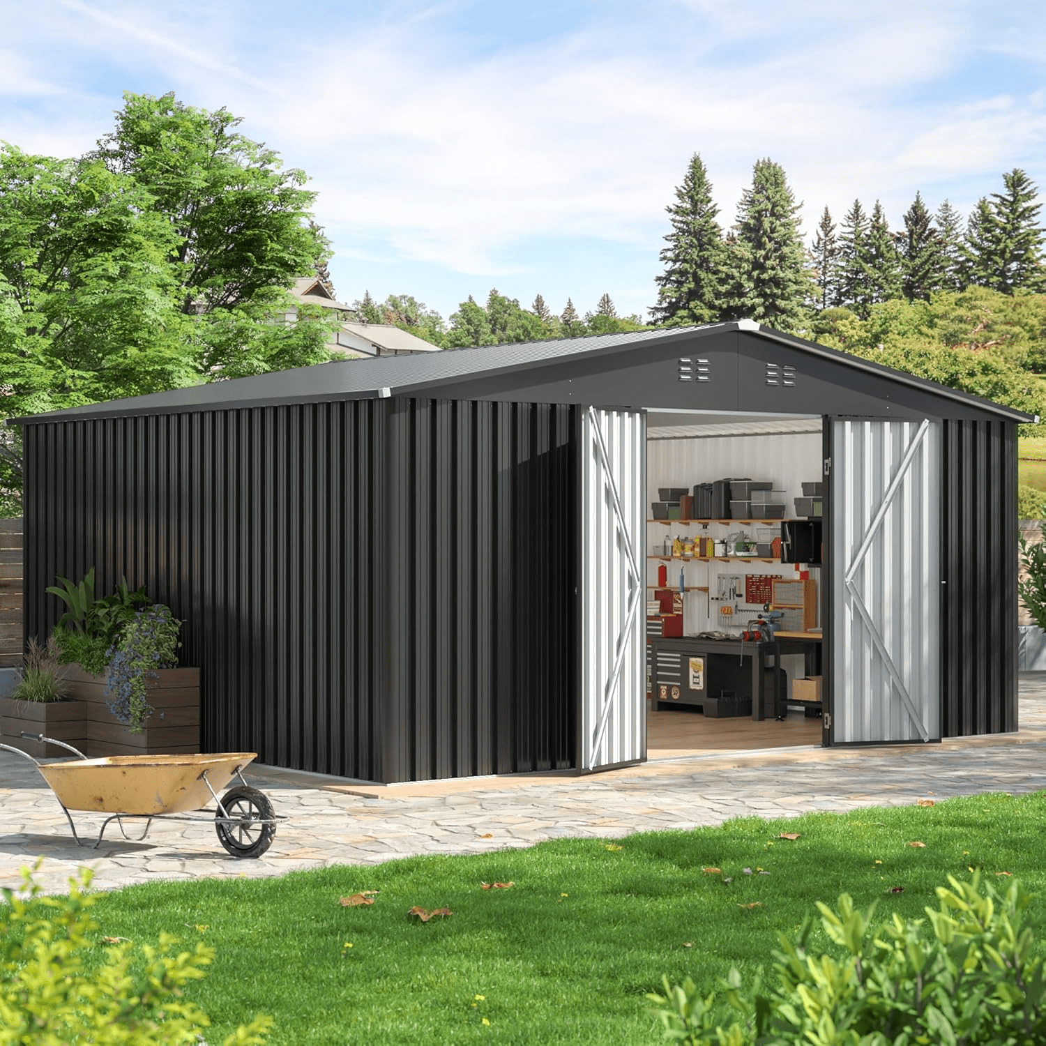 EASYHAWK, Steel Outdoor Storage Shed, 14ft x 12ft, Heavy-Duty