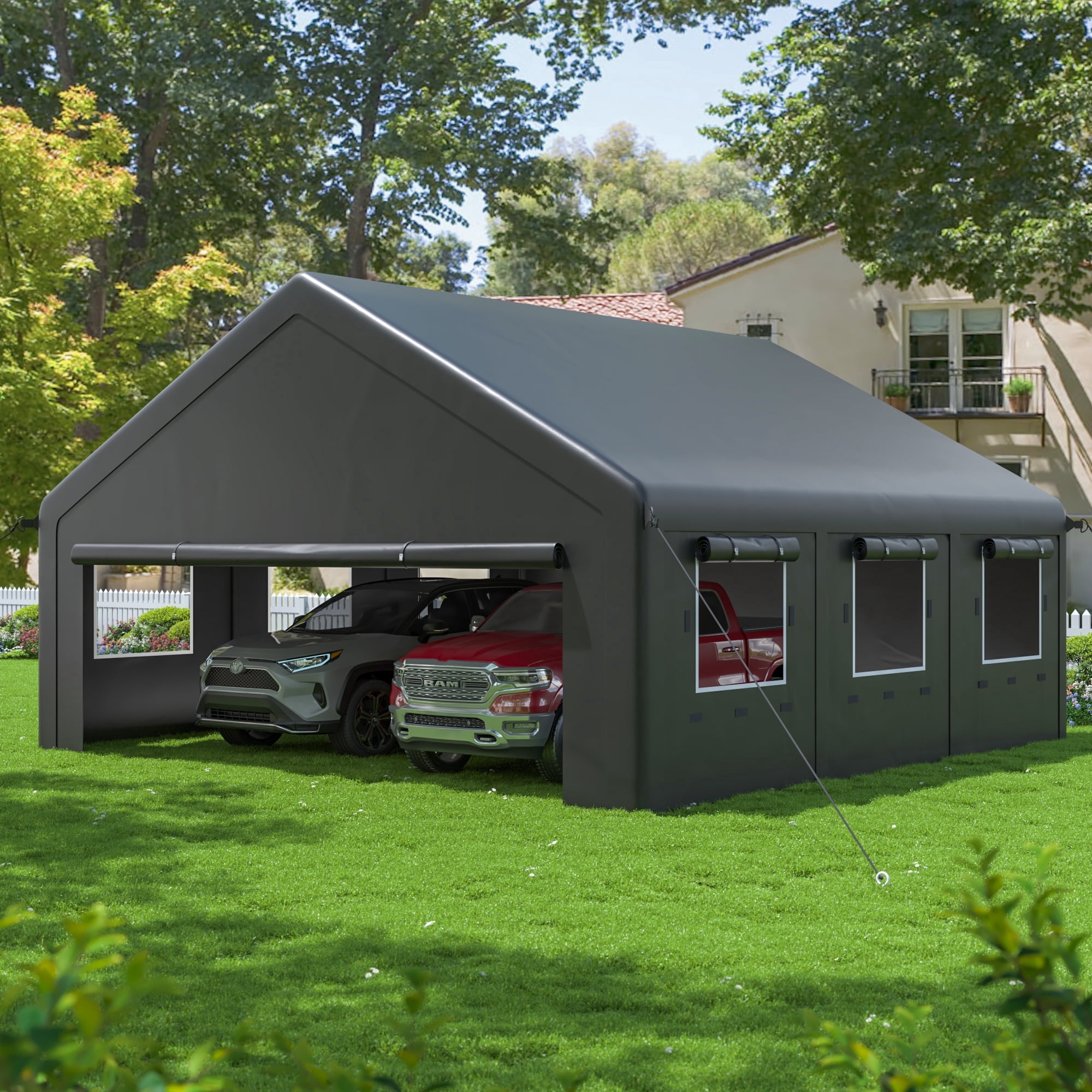 EASYHAWK 20'x20' Heavy Duty Outdoor Garage Carport Canopy with Side-Opening Door, Roll-Up Windows and Four-Hole Base, Black
