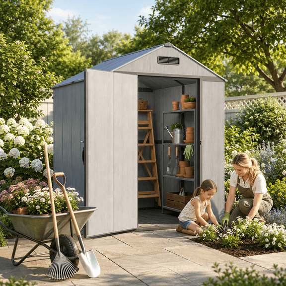EASYHAWK 4x6 FT Resin Outdoor Storage Shed, Plastic Tool Shed with Floor, Ventilation, Sloped Roof and Lockable Door for Garden