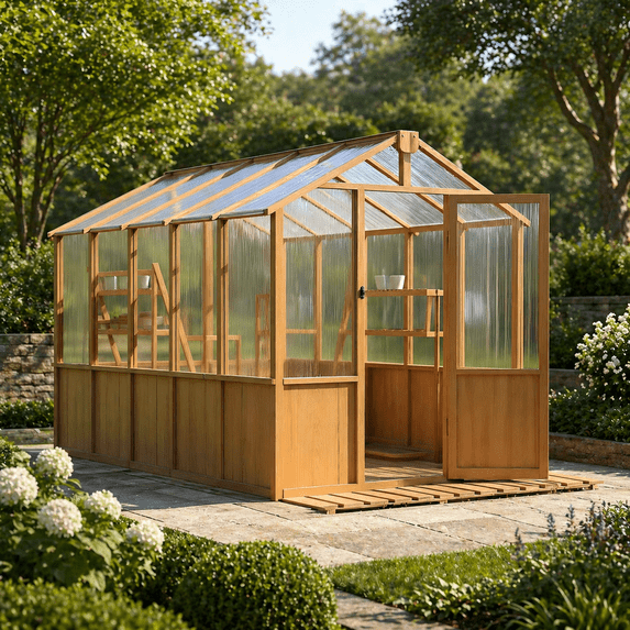 EASYHAWK 6 ft. x 10 ft. Wood Greenhouse for Outdoors, Polycarbonate Panel Wooden Walk-in Greenhouse Kit and Adjustable Roof Vent Backyard Garden,Patio