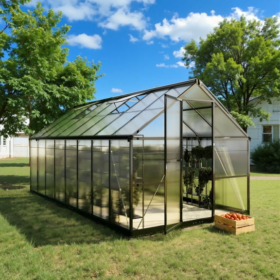 EASYHAWK 8x16 ft Outdoor Greenhouse with Steel Frame Polycarbonate Walk-in Green House for Garden/Backyard, Quick Setup, Roof Vent, Black