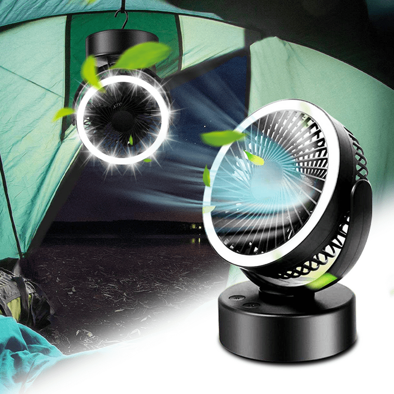 EASYMAXX Portable Camping Fan with LED Lantern, Battery Operated Tent Fan  Light Lamp with Hanging Hook, Black, 1pack(Battery Not Included)