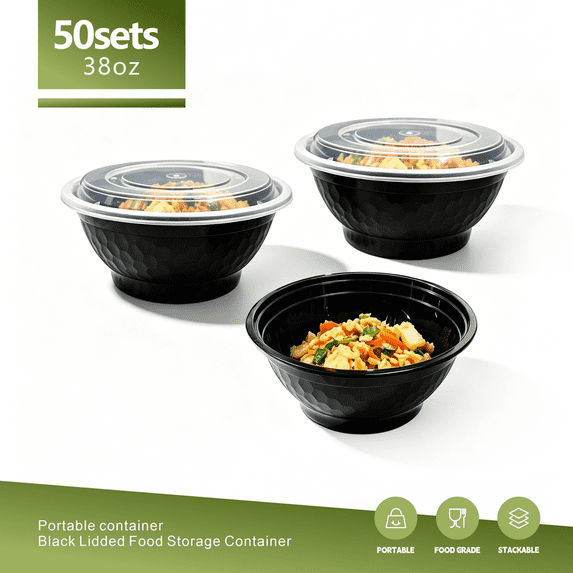 EASYPACK NOW 38oz Meal Prep Bowls with Lids, 50 Sets, BPA Free Plastic Food Storage Containers, Microwave/Dishwasher/Freezer Safe