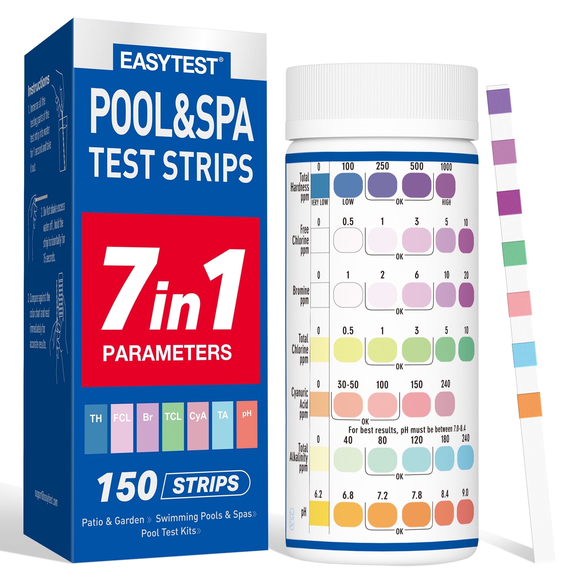EASYTEST 7 in 1 Pool and Spa Test Strips, 150 Strips Fast and Accurate Water Quality Testing Kit for Swimming Pool and Hot tub, Strip Detects pH, Chlorine, Bromine, Total Hardness