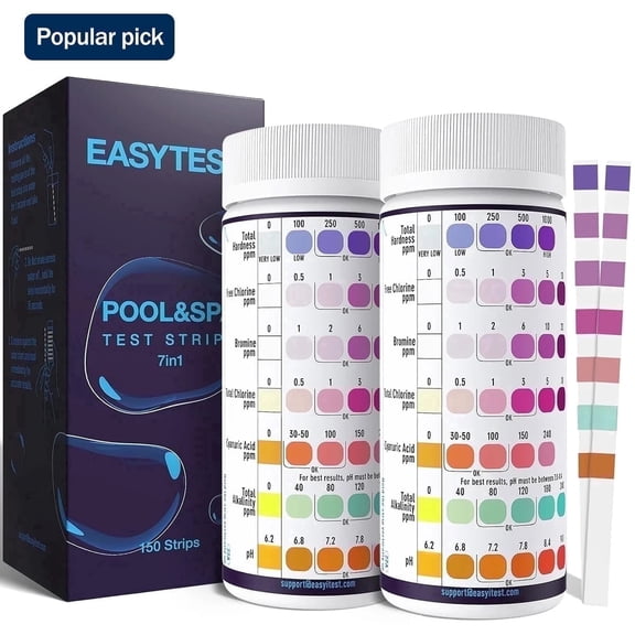 EASYTEST 7-Way Pool Test Strips, 300 Strips Water Chemical Testing for Hot tub and Spa, Accurate Test Bromine, Total Alkalinity, pH, Free Chlorine, Total Hardness, Cyanuric Acid, and Total Chlorine