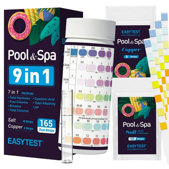 EASYTEST 9-Way Pool Test Strips, 165 Strips for Hot tub and Spa, Accurate Testing pH, Total Chlorine, Free Chlorine, Bromine, Alkalinity, Total Hardness, Cyanuric Acid, Salt and Copper