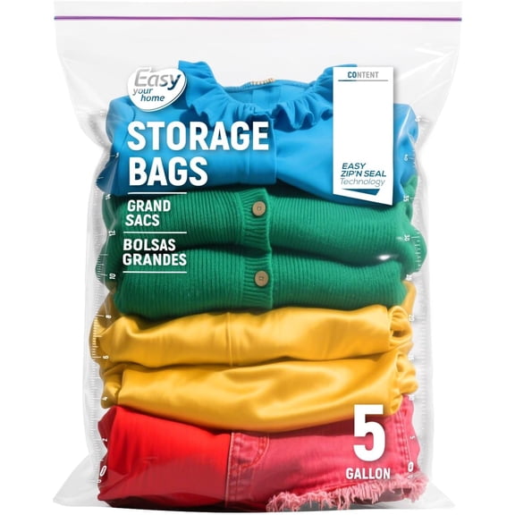 EASYYOURHOME 5PCS 5 Gallon Zipper Lock Plastic Bags with Handle and bottom,18"x23"+7",Extra Large Size Reusable Storage Bag with Double Zip for Clothing,Travel,Moving,Beach,BPA-Free,3-Mil Thick