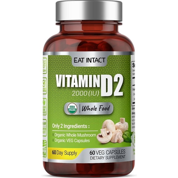 EAT INTACT Organic Vegan Whole Food Vitamin D2, 2000 IU (50 mcg), Two Ingredients (Organic Whole Mushroom and Organic Vegan Capsule), Non-GMO, Support Strong Bone and Immune Health, 60 Day Supply